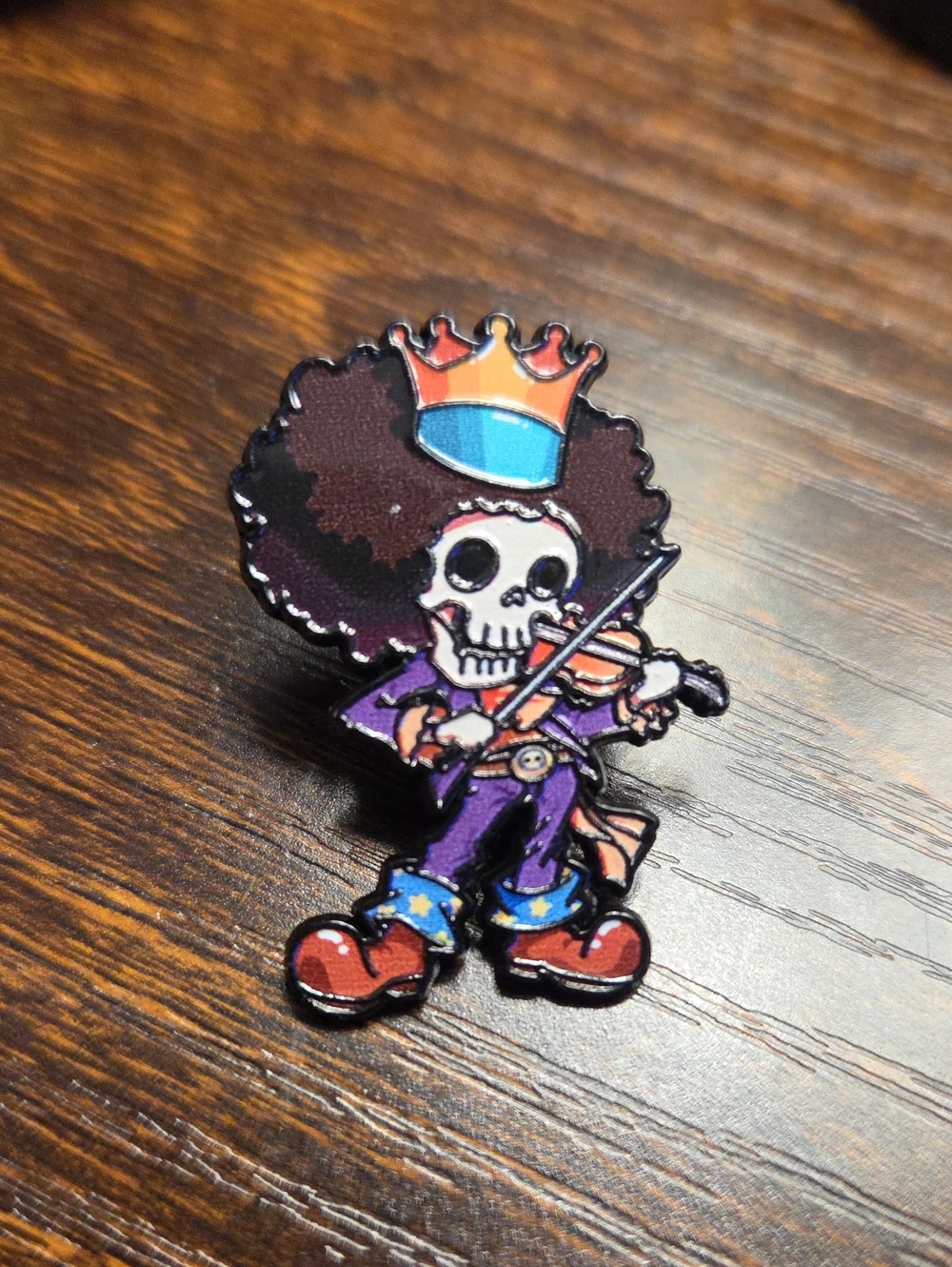 Onepiece Purple Skeleton Violinist Enamel Pin with Red Shoes and Blue Crown